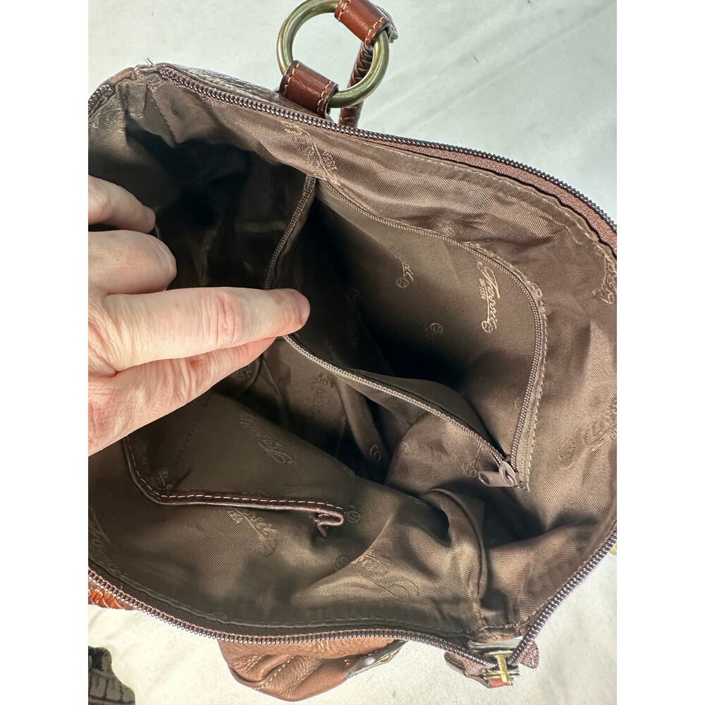 VTG Fossil Brown Pebbled Leather Braided Strap Shoulder Bag BOHO Classic Tote - Picture 7 of 7